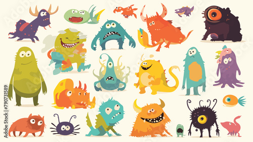 Cartoon cute comic and crazy color monsters aliens