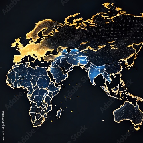 a map of the world with glowing connections between different regions. 