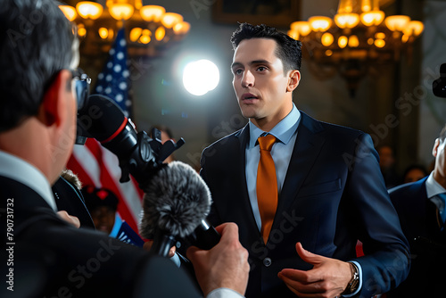 Serious male American politician talks with journalists, answers questions and gives interview for media and television news in government building. United States congressman during press conference. photo