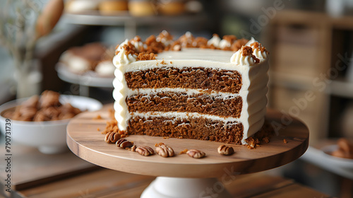Delicious Carrot Cake with Cream Cheese Frosting on Wooden Stand