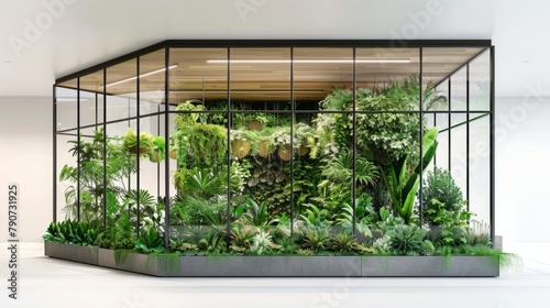 A large glass greenhouse filled with plants and greenery