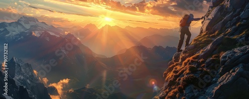 An adventurer climbs a steep cliff, facing a breathtaking sunrise over a sea of clouds in the mountains. photo