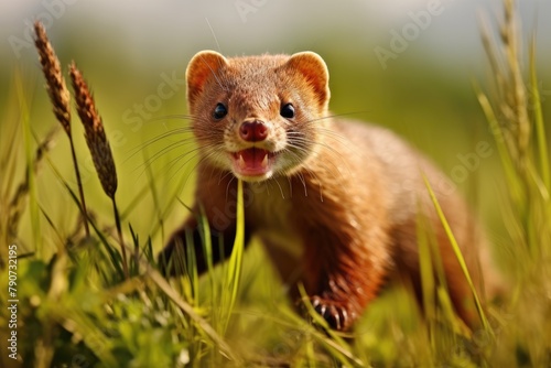 A mongoose agilely catching snakes in the grass. photo