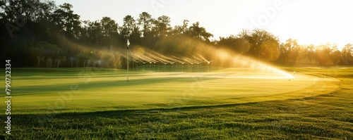 dawn light bathes a golf course, casting long shadows and illuminating the morning mist. banner
