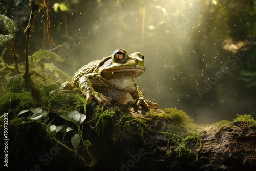 A frog hunting for insects in a dense forest.