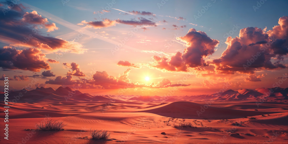 Breathtaking desert sunset with vibrant sky and rolling sand dunes