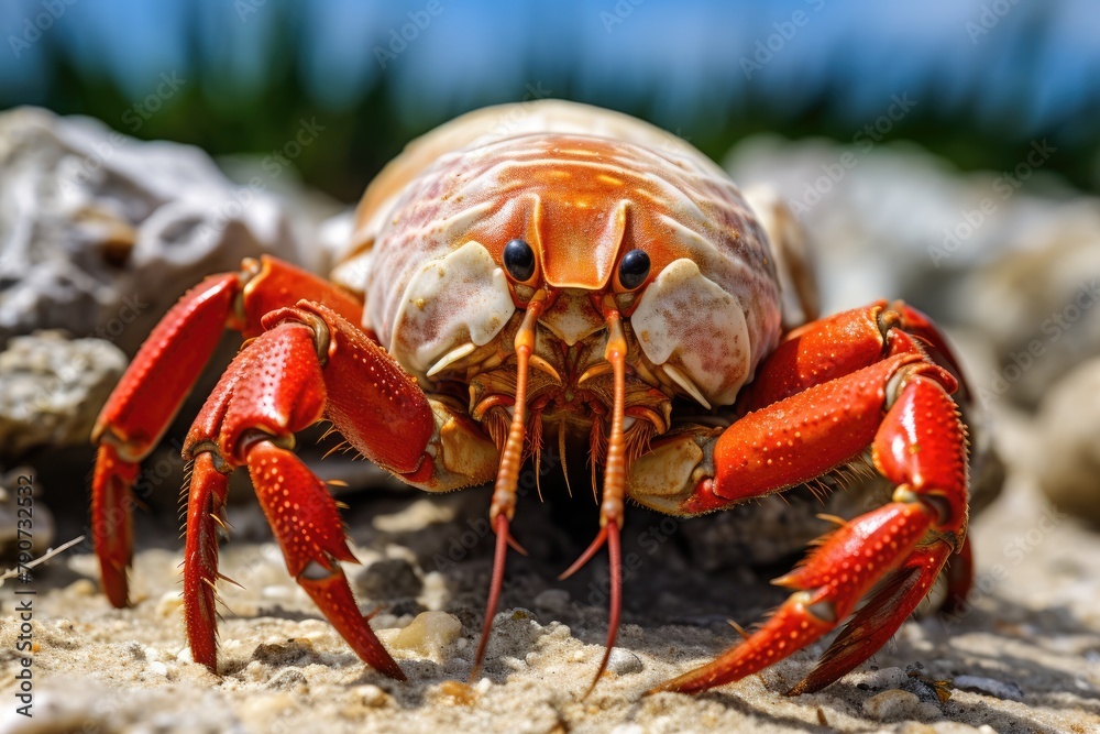 A hermit crab searching for food along the ocean floor.