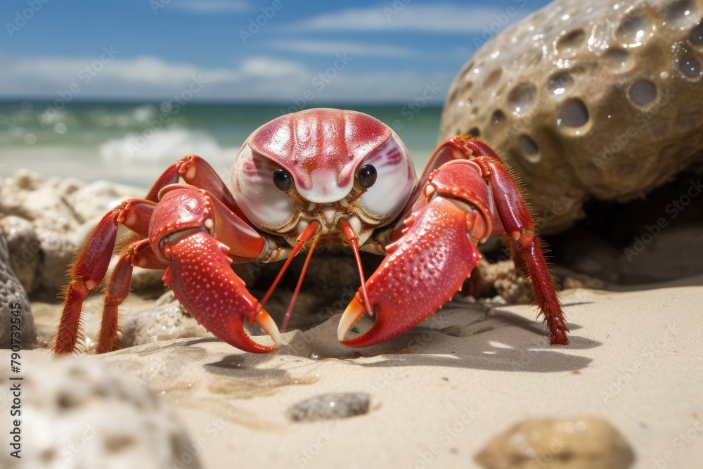 A hermit crab searching for food along the ocean floor.