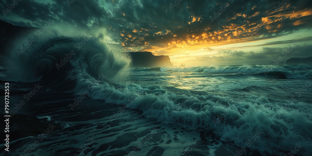 Majestic ocean wave at sunset