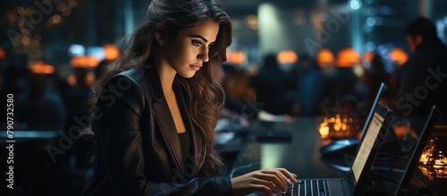 young business woman working using laptop making calls in dark corporate office with city night window view