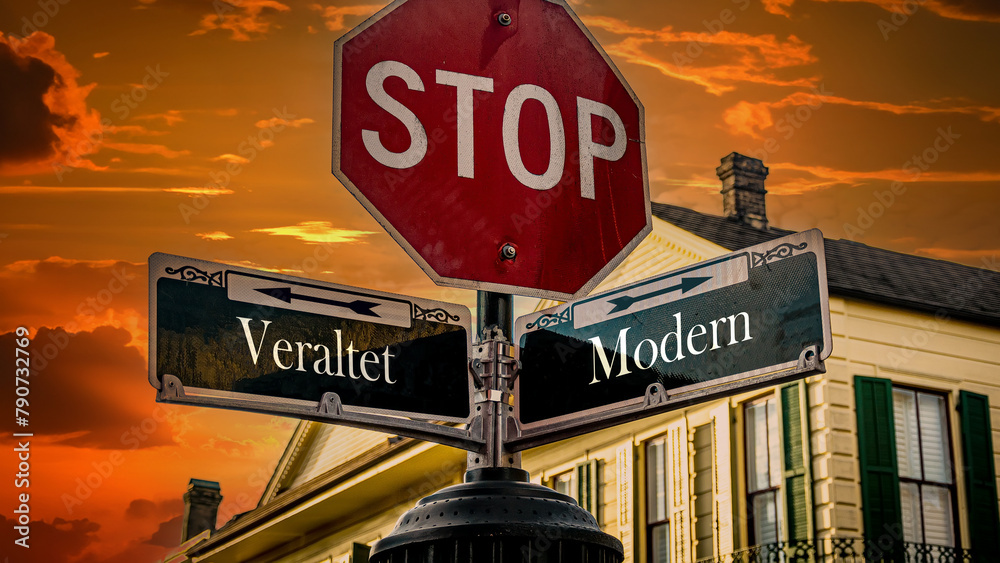 Signposts the direct way to Modern versus outdated - obrazy, fototapety, plakaty 