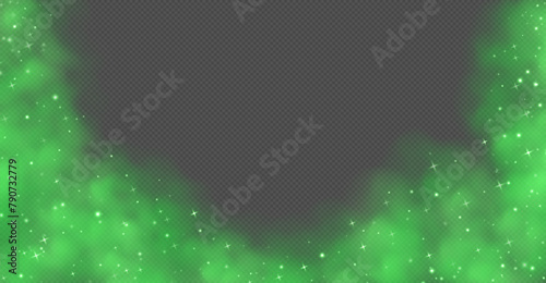 Green magic smoke with stars and sparkles, fog with glowing particles, colorful vapor with star dust. Fantasy haze background. Vector illustration.