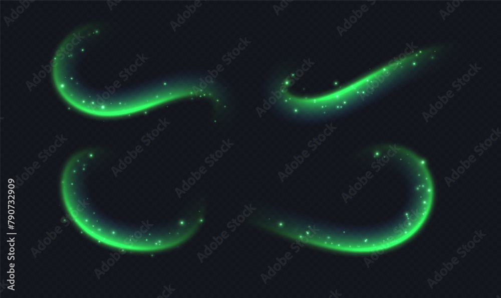 Fototapeta premium Green speed lines, light in motion, glowing light trails with sparkles. Bright motion effect, luminescent swirls. Vector decoration.