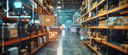 The Future of Retail Technology: Digitalization and Visualization of Industry 4.0 Process Analyzing Goods, Cardboard Boxes, Products Delivery Infographics in Distribution Centers.