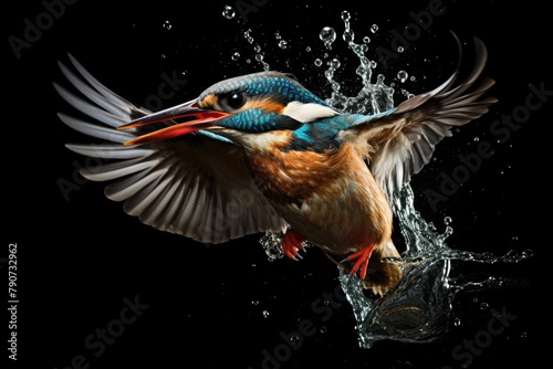 A kingfisher diving into water to catch a fish.