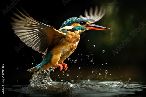 A kingfisher diving into water to catch a fish.