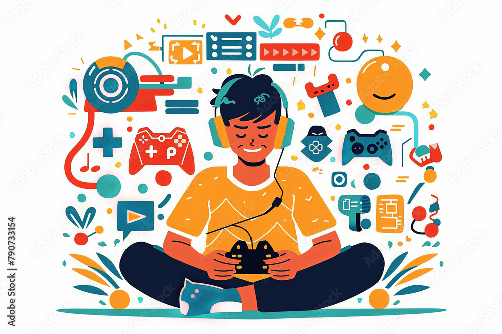 Naklejka premium Young man playing video games with headphones