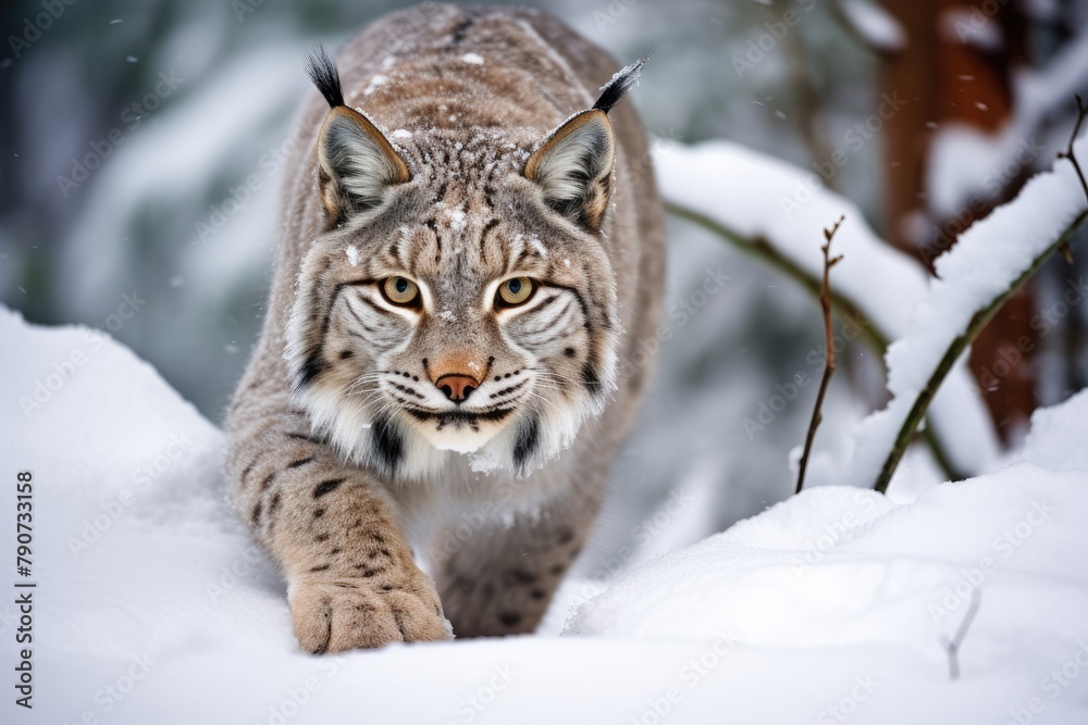 A lynx stealthily stalking through the snow for prey. A lynx stealthily stalking through the snow for prey.