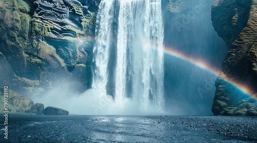 Skogafoss waterfall in Iceland with rainbow photo