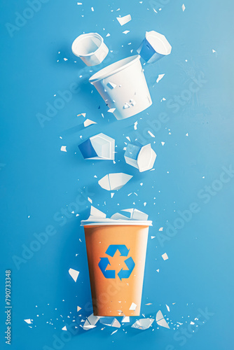 Plastic pieces fall into a disposable plastic cup marked with a recycling symbol  symbolizing material recycling. Plastic can be used to create a new cup. Generative AI.