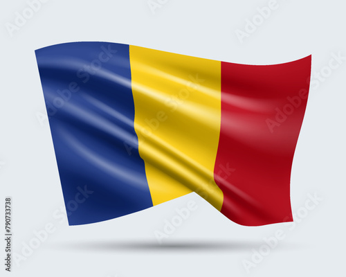 Vector illustration of 3D-style flag of Romania isolated on light background. Created using gradient meshes, EPS 10 vector design element from world collection