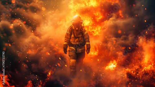 Brave Firefighter in Action Against Raging Flames at Sunset