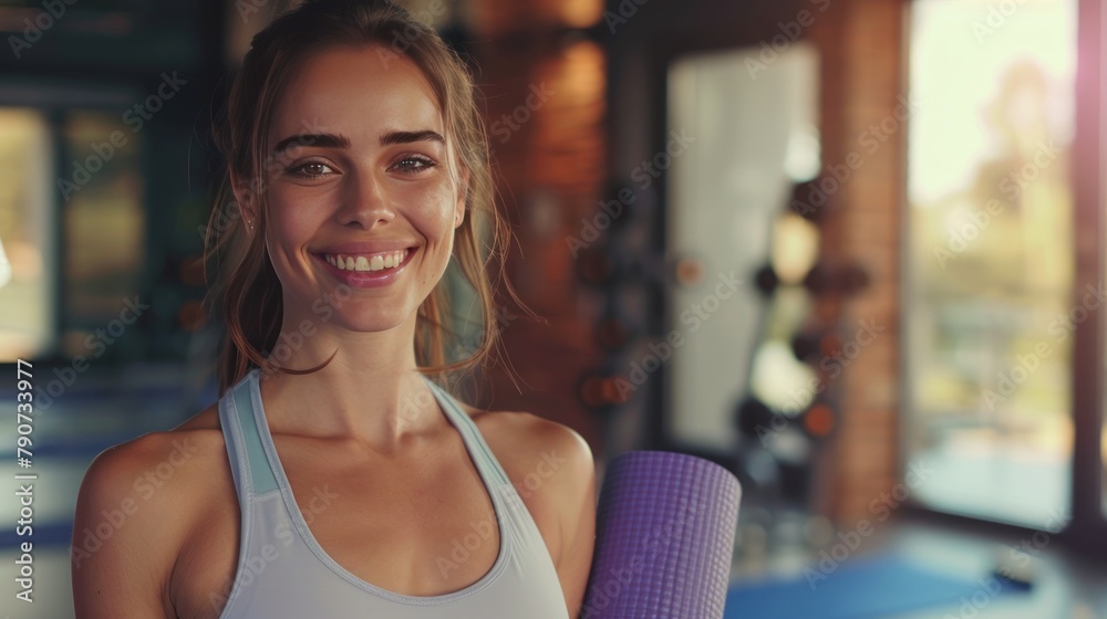 A beautiful woman stands on a yoga mat A beautiful woman stands on a yoga mat