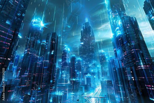 A sleek  futuristic cityscape with shimmering skyscrapers reaching towards a digital sky for technology background