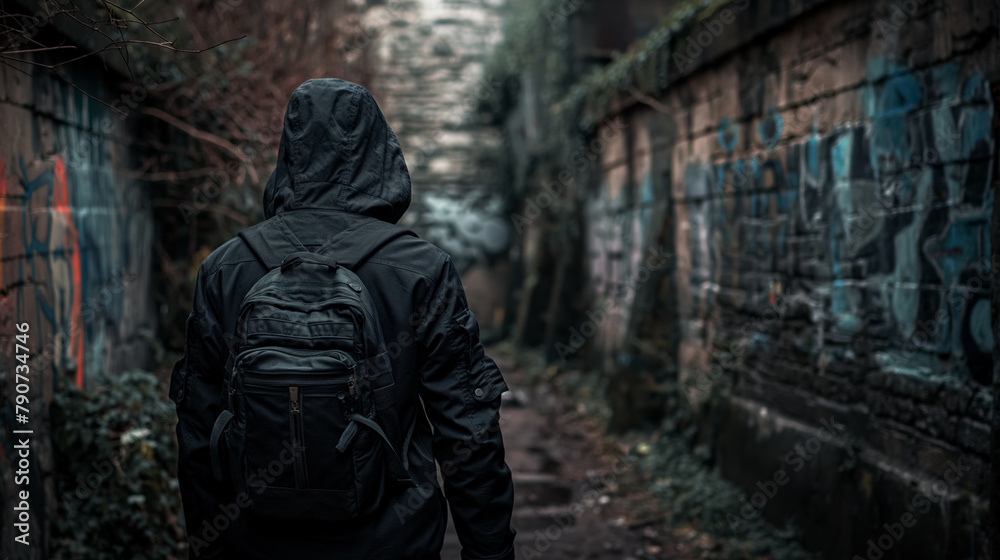 Hooded person walks away in an urban alley, adorned with graffiti, exuding a mysterious and edgy vibe.