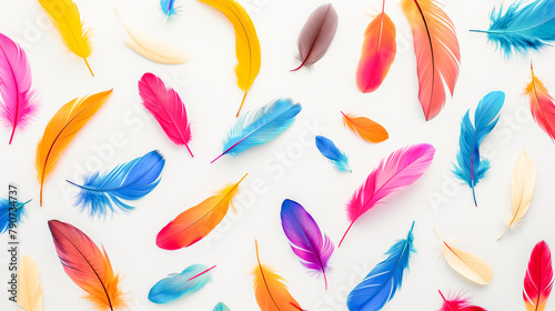 Colorful feathers scattered on a neutral white background.