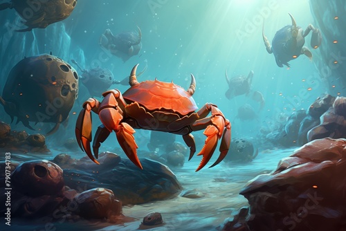A crab ambushing smaller creatures on the ocean floor. photo