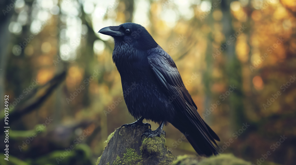 Naklejka premium Solitary raven sits perched on a stump in a forest, with a backdrop of autumn leaves and moody lighting.