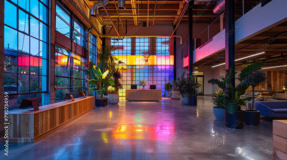 Spacious and modern office lobby interior bathed in colorful neon light at dusk, welcoming atmosphere.