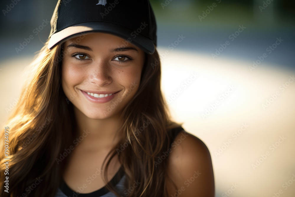 Radiant Attractive Teen Girl in Black Cap with Sunlit Long Dark Hair Radiant Attractive Teen Girl in Black Cap with Sunlit Long Dark Hair
