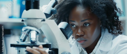 An aspiring young biotechnology specialist working with advanced equipment in a medical science laboratory under a microscope looking under a microscope at a test sample. Beautiful African American photo