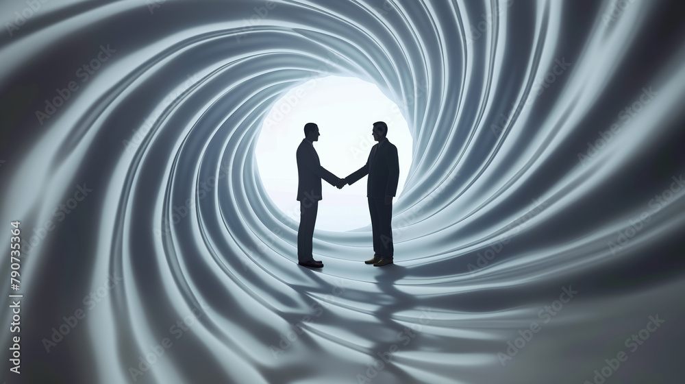 Two silhouetted figures engage in a handshake at the end of a swirling tunnel, symbolizing agreement or unity. Two silhouetted figures engage in a handshake at the end of a swirling tunnel, symbolizing agreement or unity.