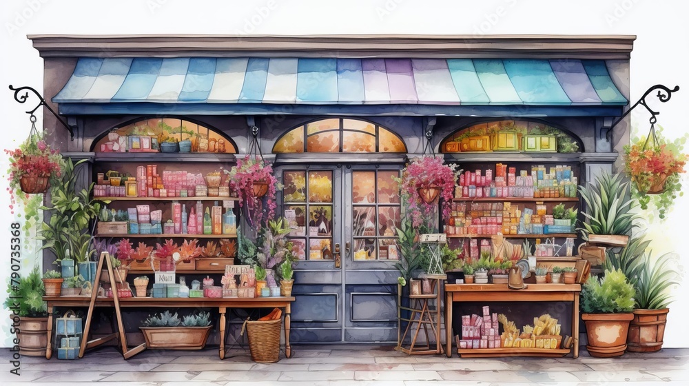 A watercolor painting of a flower shop with a blue and white striped awning.