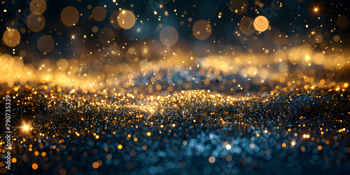 Abstract blue and golden glittering effect defocused design on dark background, shiny elegance fantasy bright color contrast with black concept,  Magic Dust Glistening Bokeh Reflection wallpaper 

 photo