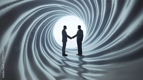 Two silhouetted figures engage in a handshake at the end of a swirling tunnel, symbolizing agreement or unity.