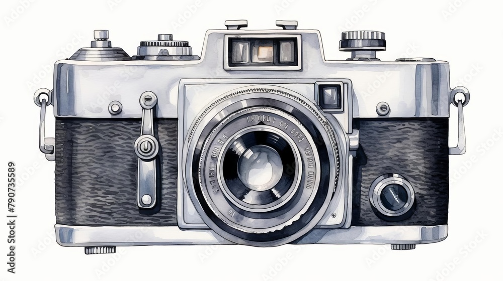 A watercolor painting of a vintage camera with a brown strap.