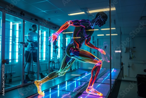 Biomechanical analysis with motion capture sensors, well-lit lab, athlete in motion photo