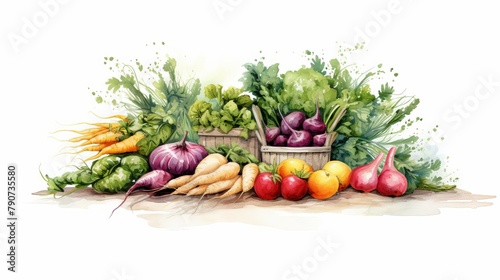 A watercolor painting of a variety of vegetables, including carrots, beets, onions, and tomatoes.