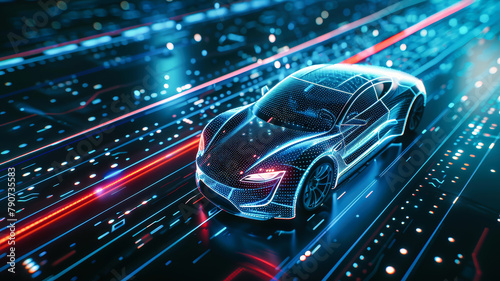 A sleek, electric car drives smoothly down a bustling city street lined with towering skyscrapers and neon lights photo