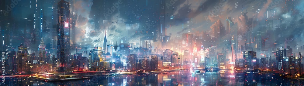 A futuristic cityscape blending digital prints and paint showcasing the integration of artificial intelligence and daily life A futuristic cityscape blending digital prints and paint showcasing the integration of artificial intelligence and daily life