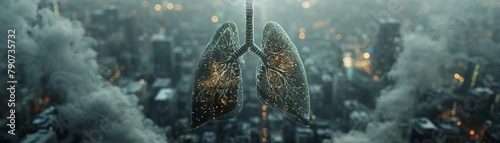 Lungs struggling in a smog filled cityscape, closeup, grey tones, highlighting pollution impact , photo