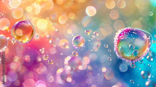 Rainbow soda fizzing in zero gravity, bright and whimsical, detailed shot of weightless bubbles  photo