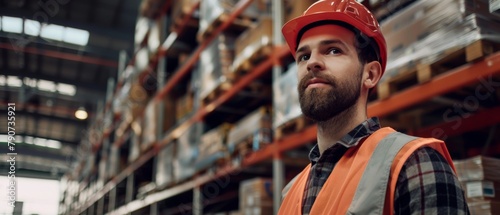 A handsome worker wears a safety vest and hard hat as he smiles charmingly into the distance while looking at a big warehouse with shelves full of delivery goods. Medium portrait.