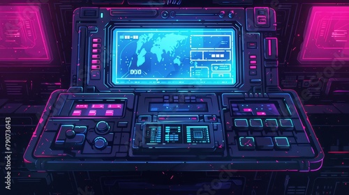 Graphic illustration of a retro computer interface with a glitch effect, with windows, icons, and message frames in retrowave style in neon colors.