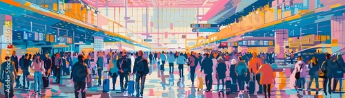 A vibrant gouache artwork of a bustling airport terminal with travelers from all walks of life beginning their next adventure