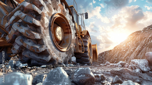A powerful industrial truck with massive wheels navigates down a rugged rocky road on a construction site